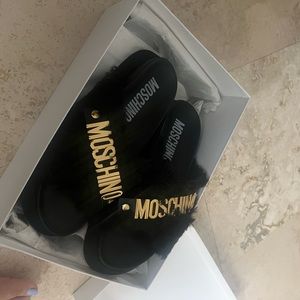 Moschino Faux Fur Logo Leather Slides